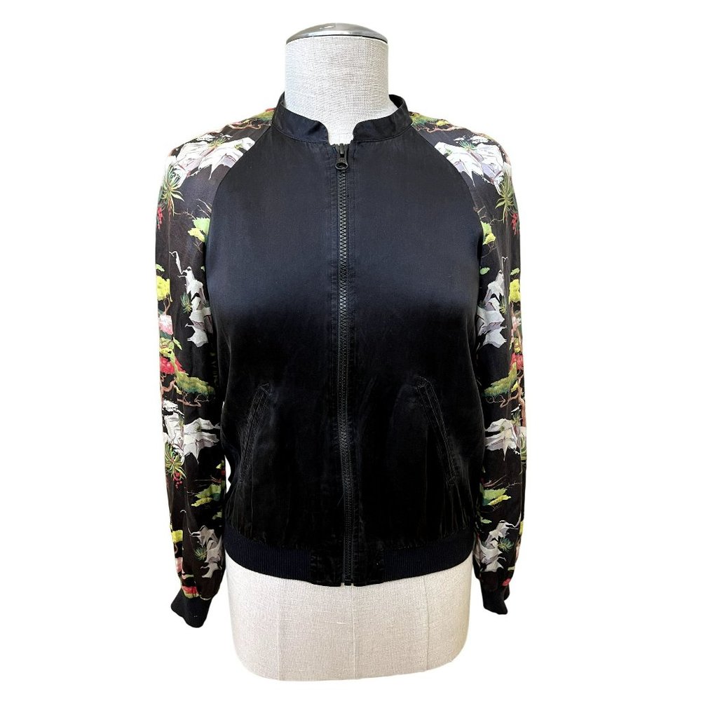 FRENCH CONNECTION Women's Silk Bomber Jacket Tree Design Size 2
